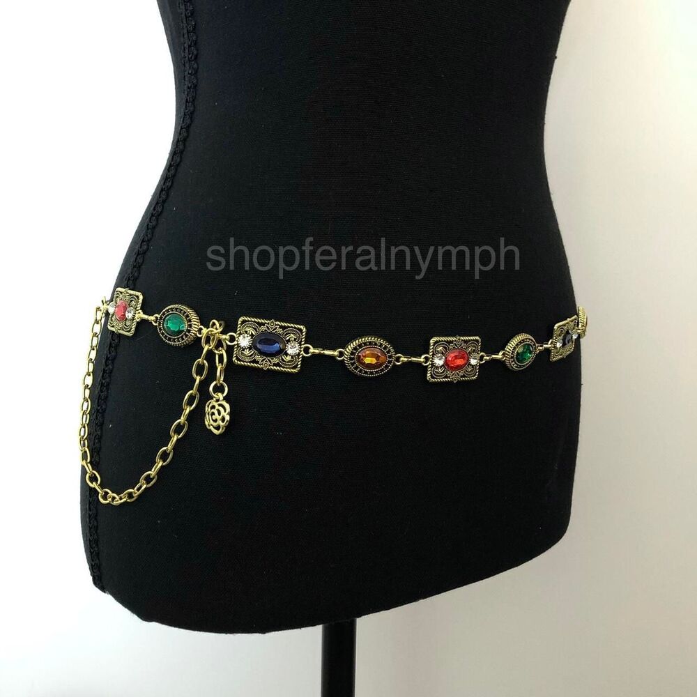 Women's Gold Colorful Jewel Chain Belt, Fits 26-47 Inches, X7GA1287